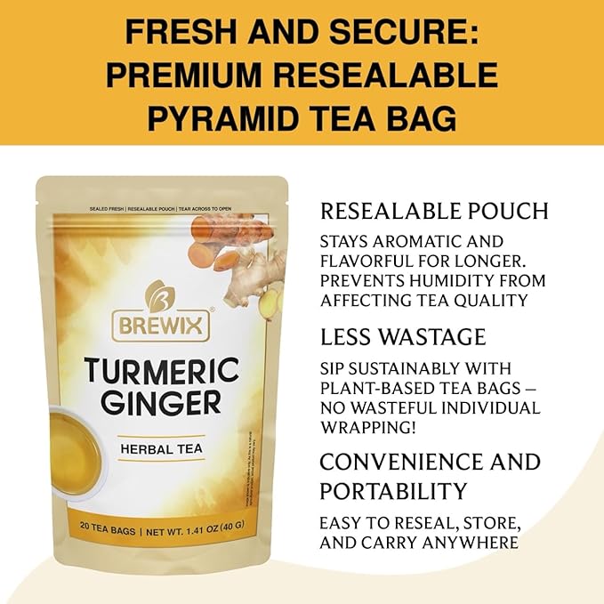 BREWIX, Turmeric Ginger Herbal Tea Bags (20 Pyramid Tea Bags) Real Ingredients From India, Naturally Caffeine Free | Pure Herbal Blend | Packed in Resealable Ziplock Pouch - Bloomnest