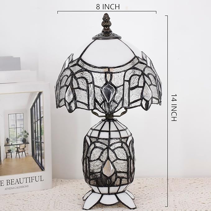 Small Tiffany Lamp Stained Glass Table Lamp Mini Mother Daughter Vase Desk Accent Light for Bedroom Bedside Reading Home Antique Style Decor 8X14 Inches (White) - Bloomnest
