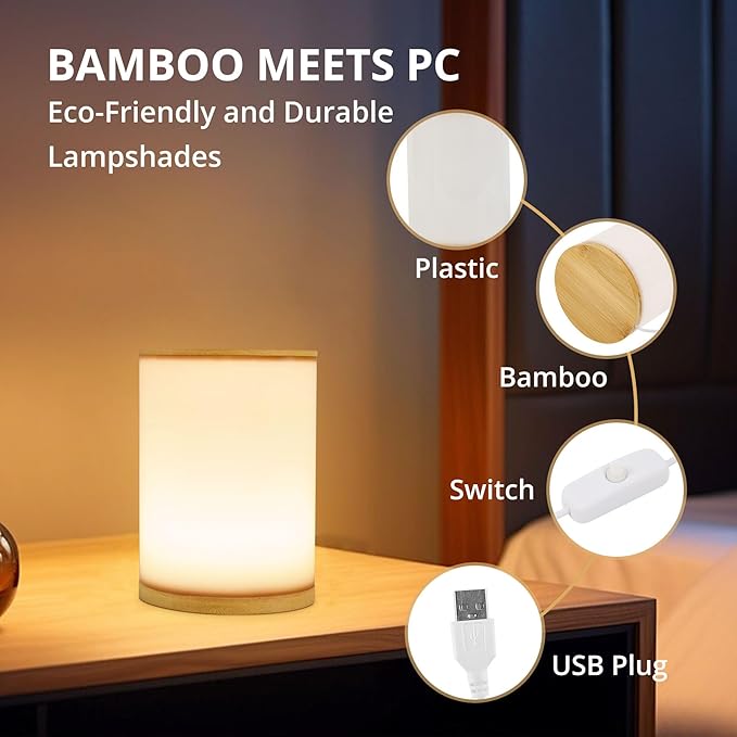 Mini Bamboo Bedside Table Lamp with10 Brightness & 3 Color Temperatures,Cozy PC Shade,Soft Ambient Nightstand Night Light for Bedroom,Kids Room,Bedroom,Dorm,Nursery - Bloomnest