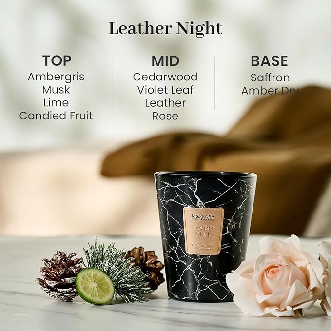 M&SENSE LeatherNight Scented Candles for Home, Lead-Free Wick Highly Scented Jar Candles, 14.1 Oz 80 Hours Lasting Burning Candles Gifts for Women, Relaxing Aromatherapy Candle for Stress Relief - Bloomnest