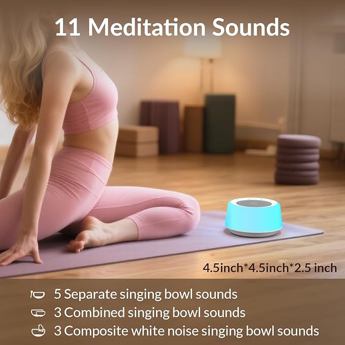 Kipcush Tibetan Singing Bowls Sound Machine - 11 Different Sized Sound Bowls with Night Light for Yoga, Meditation, Mindfulness, Healing, Chakra Healing and Stress Relief, Timer, Plug in - Bloomnest