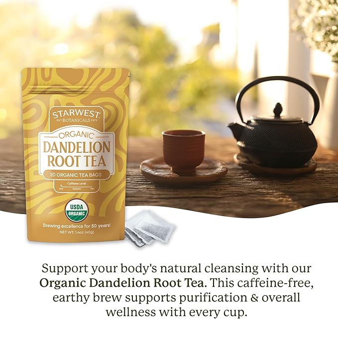 Starwest Botanicals Organic Dandelion Root Tea - Cleansing Herbal Tea, Caffeine Free, Natural Elimination Support, String Free Sachets, USDA Organic Dandelion Root Roasted, Non GMO - 20 Tea Bags - Bloomnest