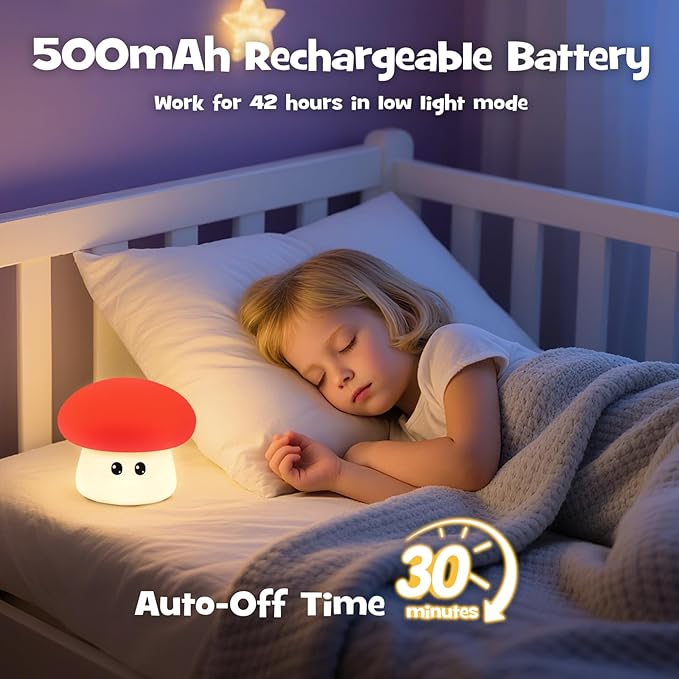 Squishy Big Eyes Mushroom Night Light with RGB Mode 3 Brightness Adjustable Nursery Breastfeeding Nightlight Cute LED Red Mushroom Lamp Rechargeable Silicone Touch Bedside Lamp for Bedroom Dorm Decor - Bloomnest