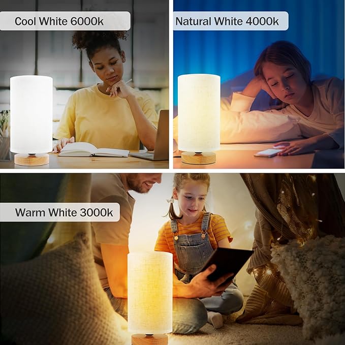 Minimalist Dimmable Nightstand Lamp with Round Fabric Linen Shade, 3 Color Temperatures, Desk & Bedside Lamp for Study, Living Room, Bedroom, Office, Dorm - Bloomnest