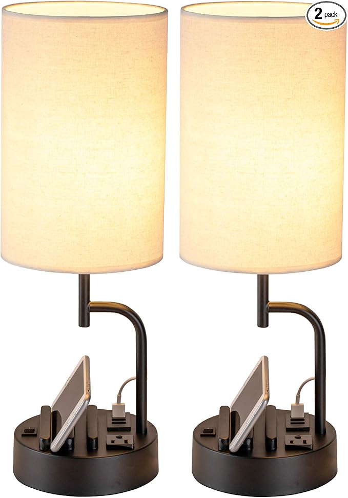 Dreamholder Table Lamp with 3 USB Charging Ports, Modern Desk Lamp with AC Outlet and Phone Stands, Perfect Bedside Lamp for Bedroom, Living Room, Office (Pack of 2), Cream - Bloomnest