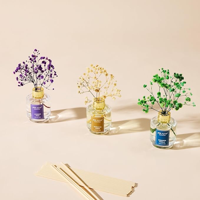 Airkeep Reed Diffuser Set of 3, Cinnamon Vanilla Lavender Field Moroccan Amber Oil Reed Diffusers for Bedroom Living Room Office Aromatherapy Oil Reed Diffuser for Gift 50ml x 3 - Bloomnest