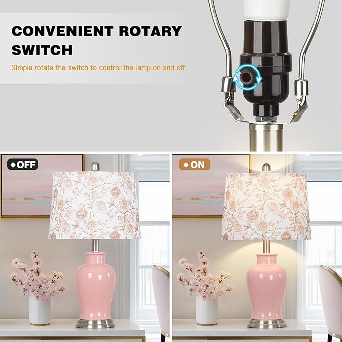 Pink Ceramic Table Lamp with Flower Lampshade, 23" Cute Ceramic Bedside Lamp with Ginger Jar Design, Modern Living Room Lamps Set 2, Elegant Bedroom Lamps for Nightstand Desk Side Home Decor - Bloomnest
