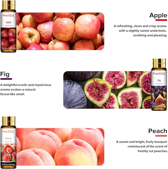 PHATOIL 9PCS Fruit Fragrance Oil Set for Soap Making Diffusers, 10ml/0.33fl.oz Cucumber Melon, Coconut & Vanilla, Peach, Pear, Green Apple, Blueberry, Apple, Fig, Lemon Fragrance Oil Essential Oils - Bloomnest