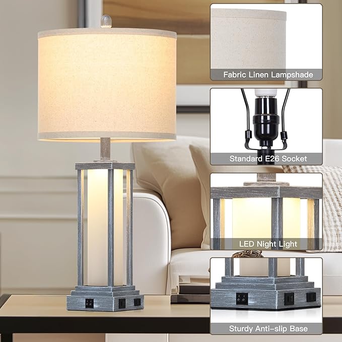 27" Tall Vintage Table Lamp Set of 2 with USB C+A & Outlet,Gray Nightstand Lamp for Living Room,Retro Bedside Lamps with Frosted Glass Night Light for Bedroom Entryway,Grey - Bloomnest