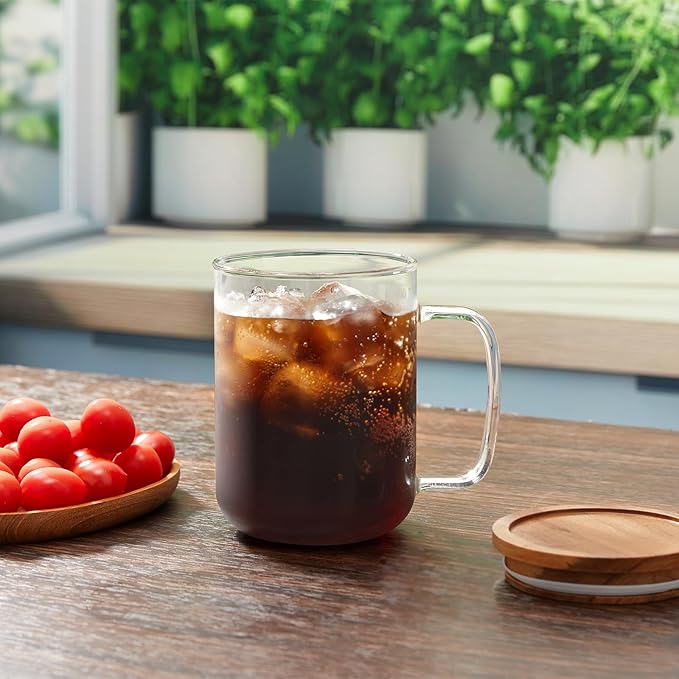 DRASTAR Glass Coffee Mugs, 20 oz Large Iced Coffee Cups, Flat Bottomed Cups with Acacia Wood Lid, Glass Tea Cup with Handle, Clear Tea Cup Set of 1 - Bloomnest