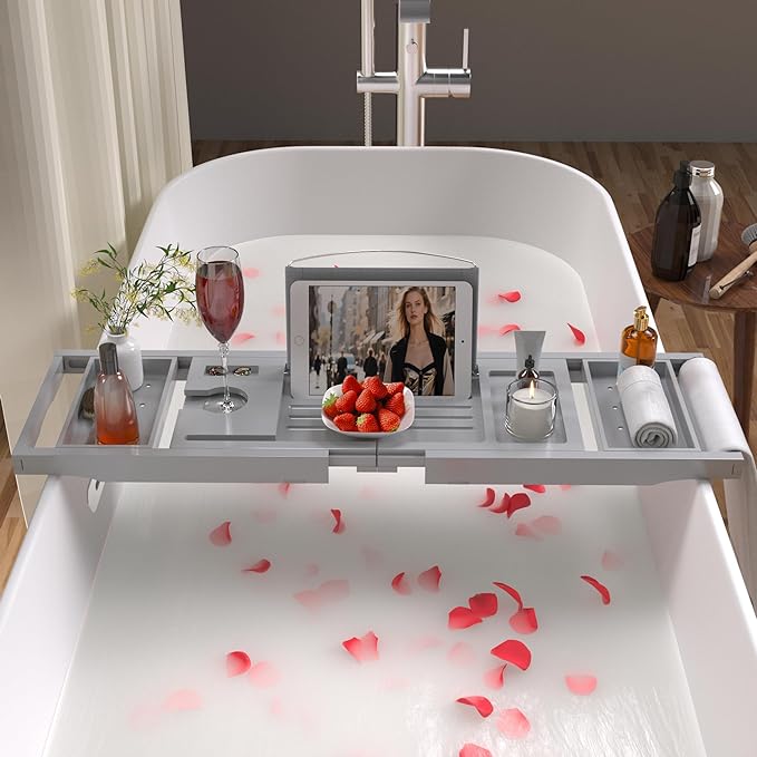 Bathtub Caddy Tray for Tub,Foldable Bath Table Trays,Bamboo Shelf with Book and Wine Glass Holder,Bathroom Accessories Suitable for Luxury Spa or Reading,Gray - Bloomnest