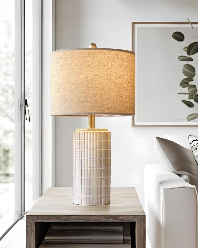 PoKat 23'' Bedside Table Lamp for Bedroom Nightstands, Ceramic Lamp for Living Room, White Night Stand Light with Round Linen Shade, Modern, Silver - Bloomnest