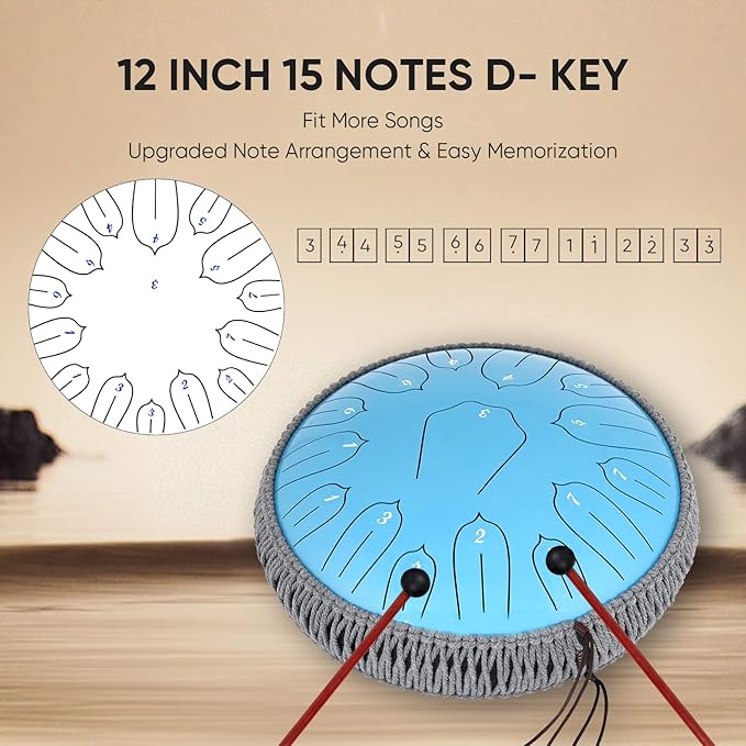 Steel Tongue Drum 12 Inch 15 Notes: Handpan Drums Set with Music Book Mallets Carry Bag - Hand Pan Instrument for Adults Musical Education Meditation Yoga Chakra (Blue)