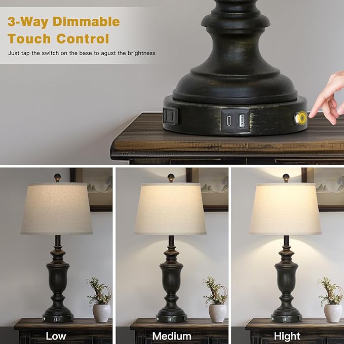 26" Black Table Lamps Set of 2 with USB C+A Ports & AC Outlet for Farmohouse Living Room Retro Bedroom,3-Way Dimmable Touch Lamp Resin Bedside Lamps for Nightstand Side End Table,Black - Bloomnest