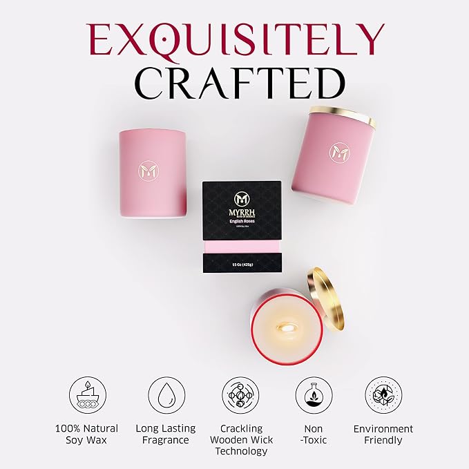 MyrrhUSA Rose Scented Candle – 15 oz Natural Soy Wax with Crackling Wooden Wick & Essential Oils | 80 Hour Burn | Luxury Aromatherapy Candle for Relaxation, Home Décor, Living Room & Bathroom - Bloomnest