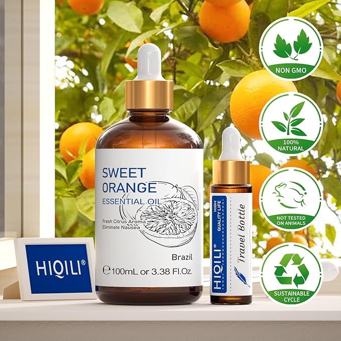 HIQILI 100ML Orange Essential Oil for Air Freshener, DIY Soap, Skin Care, Can be Added to Diffusers, Dryer Balls, Lotions for Use - 3.38 Fl Oz - Bloomnest