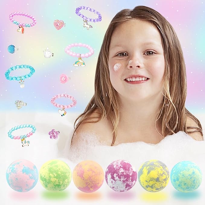 Bath Bombs for Kids Girls with Surprise Inside 6 Large Organic Bubble Kids Bath Bombs with Jewelry Toys Inside Safe & Natural Bathbombs Birthday Christmas Easter Surprise Princess Gifts Set for Girls - Bloomnest