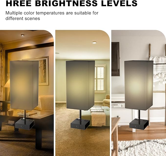 Table Lamp for Bedroom with USB,Bedside Lamp with USB C+A Charging Ports,Adjustable 3color LED Light for Home Decor/Nightstand/Office,Included Bulb and Fabric Lamp Shade (Linen Black, 1PCS) - Bloomnest