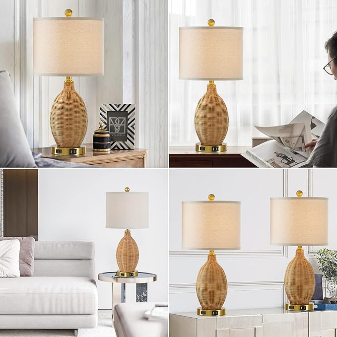 Touch Control Rattan Table Lamps, 3 Way Dimmable Bedside Lamps for Bedroom Set of 2 with 2 USB Ports and AC Outlet, Gold Wicker Nightstand Lamps for Living Room Office (LED Bulbs Included) - Bloomnest