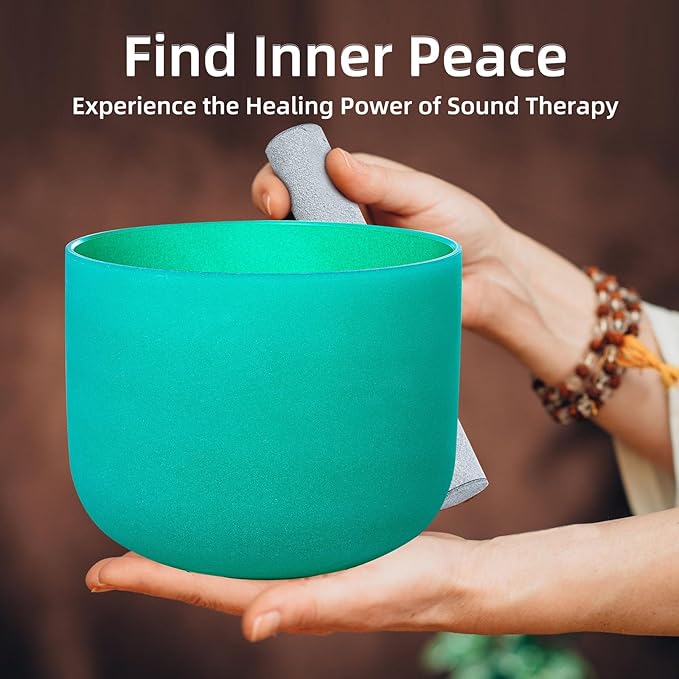 8 Inch Green F Note 432hz Heart Chakra Crystal Singing Bowl Healing with Carrying Case and Rubber Mallet Suede Strikers Oring - Bloomnest