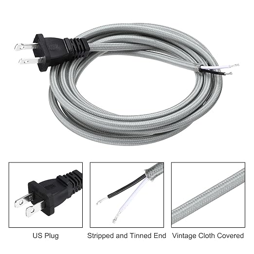 uxcell 8Ft 18/2 Cloth Covered Lamp Cord with Plug, Vintage Electrical Lamp Cord with Stripped Ends for Extension Wiring DIY Repairing, Silver