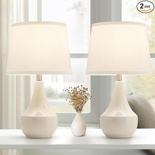 GyroVu Table Lamp Set of 2, 18.63” Ceramic Table Lamp Classic Beside Lamps Nightstand Lamp Modern Lamp for Living Room, Bedroom & Office Rocker Swtich Cream-LED Bulbs Included - Bloomnest