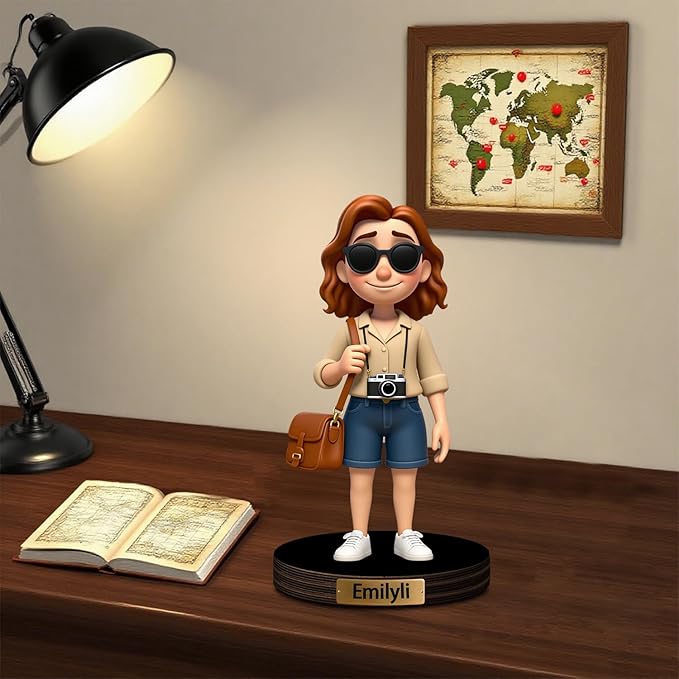 Custom Travel Photo Cartoon Style Desk Decor with Wooden Base, Personalzied Cartoon Photo Picture Portrait Sculpture Frame Acrylic Sign Plaque Gifts for Women Men Family - Bloomnest