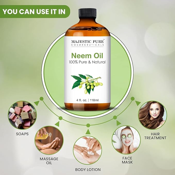 Majestic Pure Neem Oil Spray for Plants and Essential Oils Mixing, 100% Pure Cold Pressed, Safe for Dogs, Great for Skin/Hair Care, Massage Oil, Nails, Acne & Moisturizer for Dry Skin, 4 Fl Oz - Bloomnest