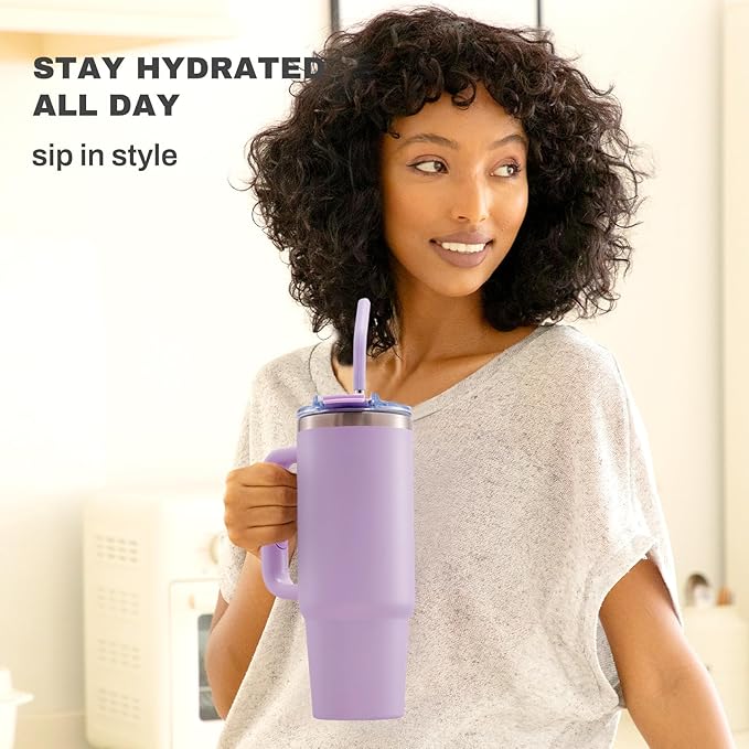 30 oz Tumbler with Handle, Tumbler with Lid and Straw, Double Wall Vacuum Insulated Travel Mug Stainless Steel Tumbler for Hot and Cold, Cupholder Friendly (Purple) - Bloomnest