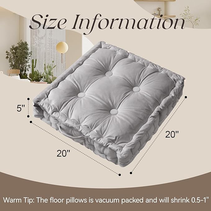 Square Floor Pillows, Large Floor Cushion for Adults Kids, Meditation Floor Pillow Seating Cushion with Shredded Memory Foam and Silk Wadding, 20"x20"x5" Dark Grey 2 Count - Bloomnest