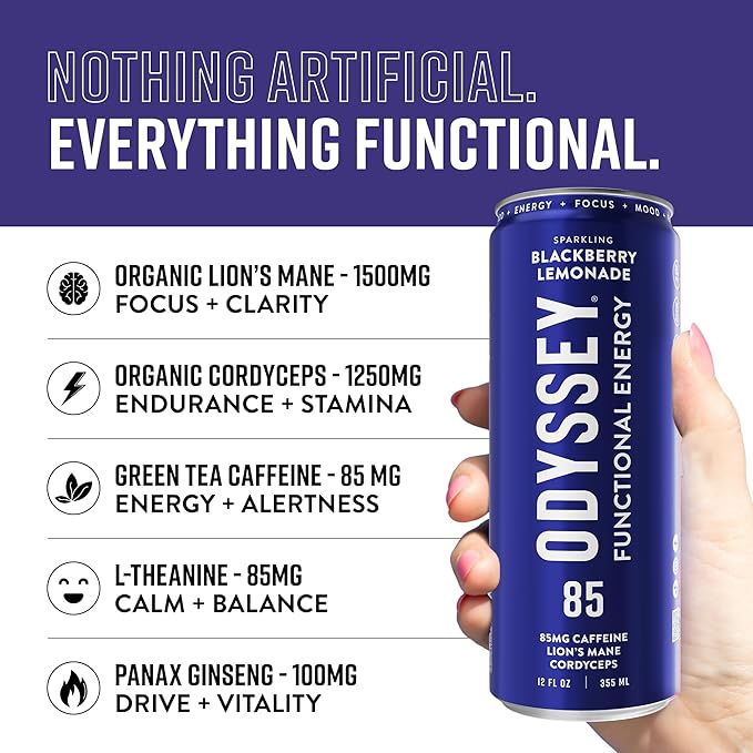 Odyssey Functional Energy Drink for Focus, Cognition & Mood Support 12 Pack - Adaptogenic Drink with 85mg Green Tea Caffeine, Lions Mane, Cordyceps, L-Theanine & Ginseng, Sparkling Blackberry Lemonade - Bloomnest