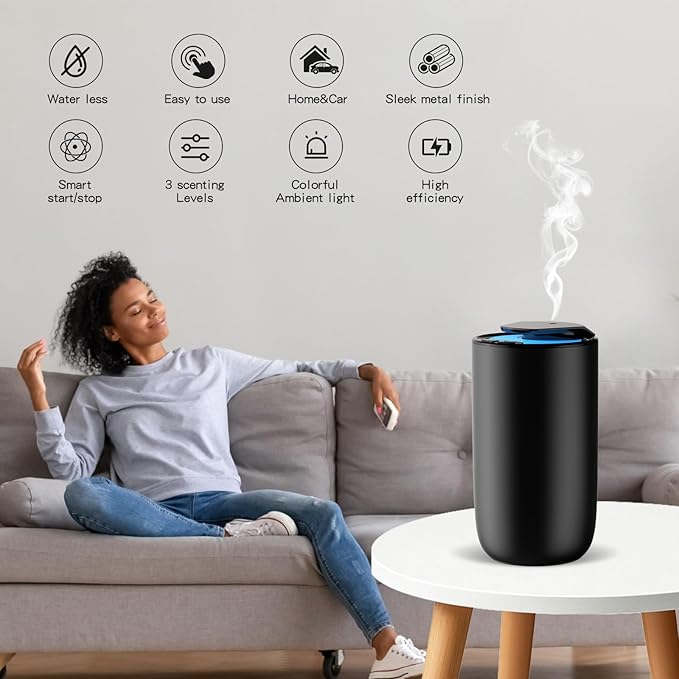 Waterless Diffuser for Essential Oil, Rechargeable Mini Fragrance Scent Air Machine, 3-Color Ambient Night Light, Aluminum, 0.51 Oz/15mL, 3 Countdown Timers & 3 Mist Levels for Home, Car, Titanium - Bloomnest
