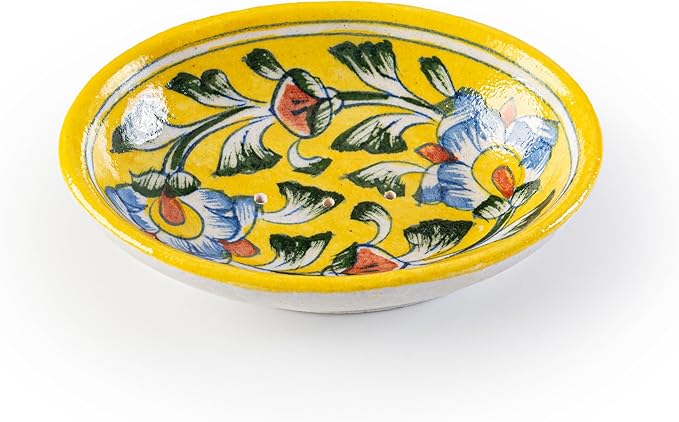Blue Pottery Soap Case Handmade Handicraft Ceramic Decorative Bathroom Accessory for Shower Bathroom Kitchen Sink Bathtub Bathroom Accessories and Gifting (Yellow Flower) - Bloomnest