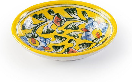 Blue Pottery Soap Case Handmade Handicraft Ceramic Decorative Bathroom Accessory for Shower Bathroom Kitchen Sink Bathtub Bathroom Accessories and Gifting (Yellow Flower) - Bloomnest