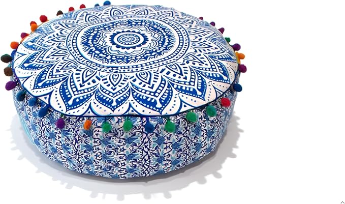 INDIAN CRAFT CASTLE ICC Mandala Barmeri Large Floor Pillow Cover Cushion Meditation Seating Ottoman Throw Cover Hippie Decorative Zipped Bohemian Pouf Ottoman Cases Blue Ombre 24" Round - Bloomnest
