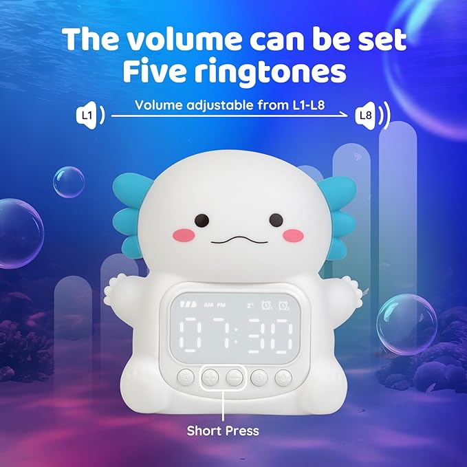 Axolotl Alarm Clock with Night Light for Kids, Rechargeable Silicone Lamp Time to Wake Clock Cute Animal Tabletop Lamp, Perfect Sleep Companion for Boys Girls, White - Bloomnest