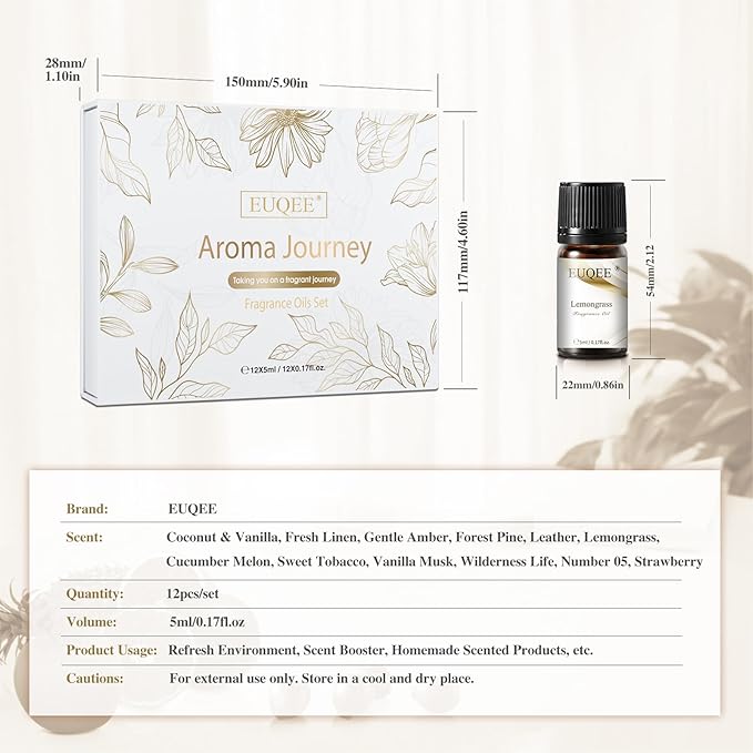 EUQEE 12pcs Fragrance Oils Gift Set, Premium Essential Oils Set for Diffuser, Candle, Soap Making, Travel, with Amber, Coconut&Vanilla, Fresh Linen, Leather, Forest Pine, Gift Set for Women and Men EUQEE