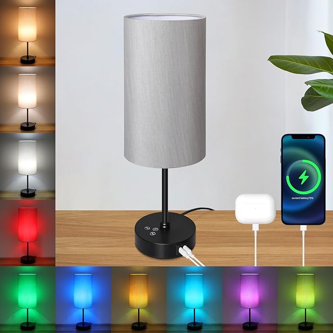 Unicozin 17Inch Table Lamp, 3 CCT 3000K/4500K/6500K & RGB Color Changing, Stepless Dimmable Bedside Lamp for Reading, Ambience Nightstand Light for Home Decor Party, Grey Shade - Bloomnest