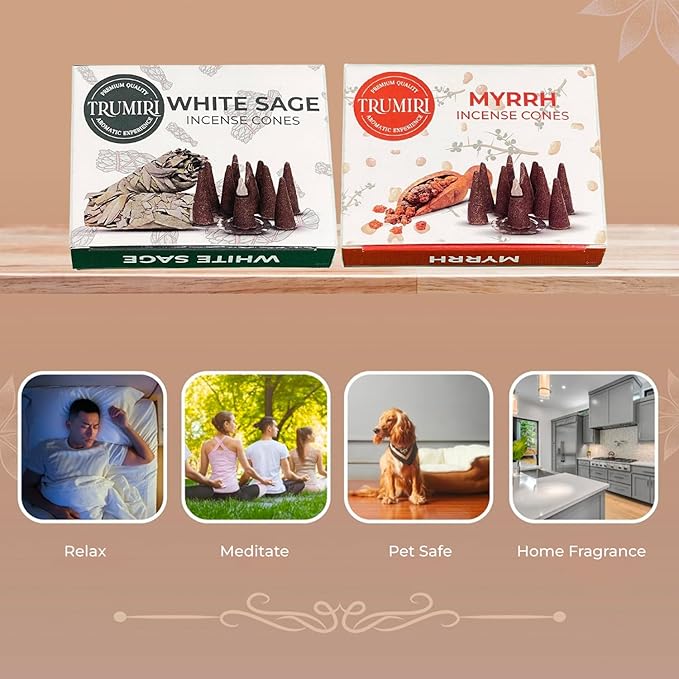TRUMIRI Incense Cones - Combo Pack of 20 Cone Incense - 10 White Sage + 10 Myrrh TRUMIRI