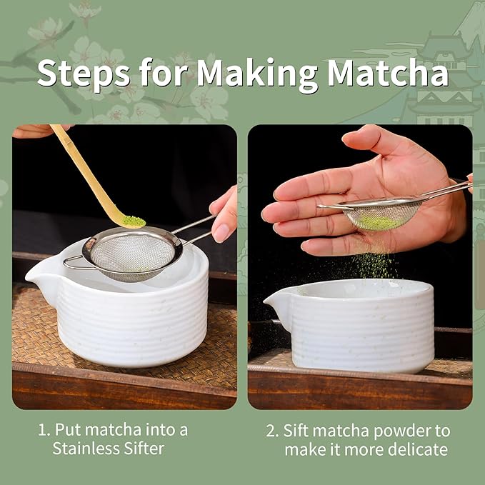 Matcha Bowl Set, Matcha Whisk and Holder, Stainless Sifter & Bamboo Scoop, Towel, 7 PCS Matcha Starter Kit for Matcha Lovers, White - Bloomnest