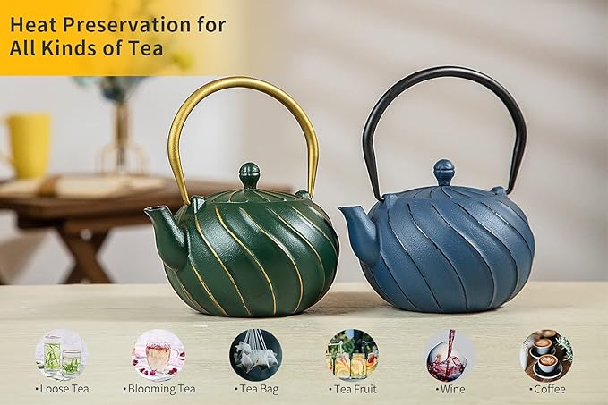 Tea Kettle, TOPTIER Japanese Cast Iron Teapot with Stainless Steel Infuser, Cast Iron Tea Kettle for Stove Top, Wave Design Teapot Coated with Enameled Interior for 30 Ounce (900 ml), Navy Blue - Bloomnest
