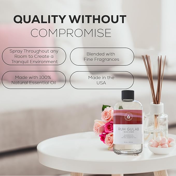Aroma Country Ruh Gulab Diffuser Oil - Luxury Essential Oils for Diffuser Refill & Air Freshener Room Spray - Long-Lasting & Natural Home Fragrance, Damask Rose Scented Oil for Diffusers (8.5 Fl. oz) AromaCountry
