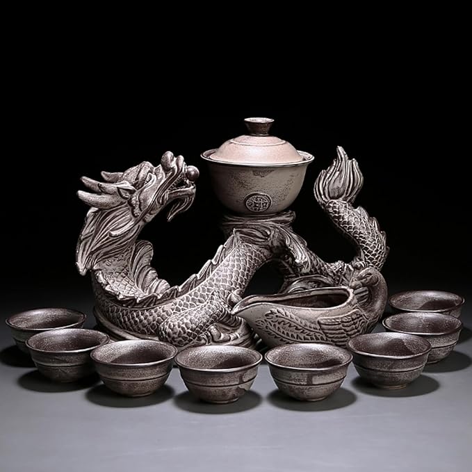 Chinese Gongfu Tea Set - Ceramic Teapot with Infuser, 8 Cups, Semi Automatic Dragon Design for Loose Leaf Tea
