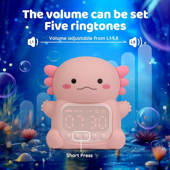 Axolotl Alarm Clock with Night Light for Kids, Rechargeable Silicone Lamp Time to Wake Clock，Cute Animal Tabletop Lamp, Perfect Sleep Companion for Boys Girls - Bloomnest