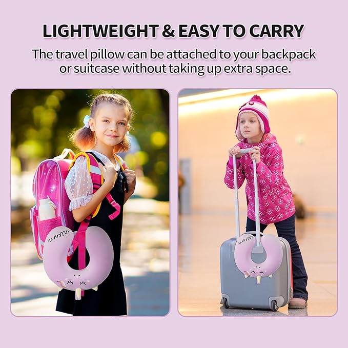 Neck Travel Pillow for Kids, Unicorn Airplane Memory Foam Pillow with Cute Sleep Mask & Earplugs, Lightweight Travelling Sleeping Pillow Set for Car, Train, Bus and Home Use (Purple) - Bloomnest