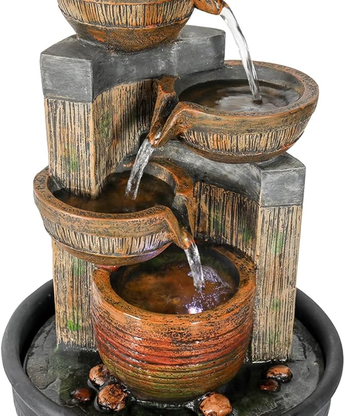 15.7''H 4-Tier Relaxation Indoor Tabletop Waterfall Fountain with LED Lights Desktop Fountains Calming Sound for Home Office Bedroom Decor (Brown, 15.7inch)