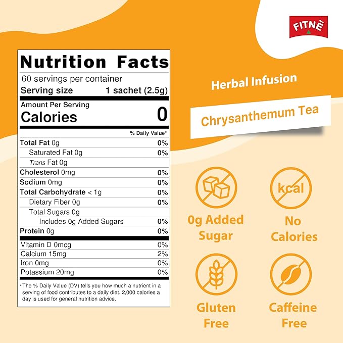 FITNÈ Chrysanthemum Herbal Tea Senna Infusion Smooth Mild Soothing Beverage Natural Gentle Detox Cleanse No Calories Caffeine Free, 60 Tea Bags - Bloomnest