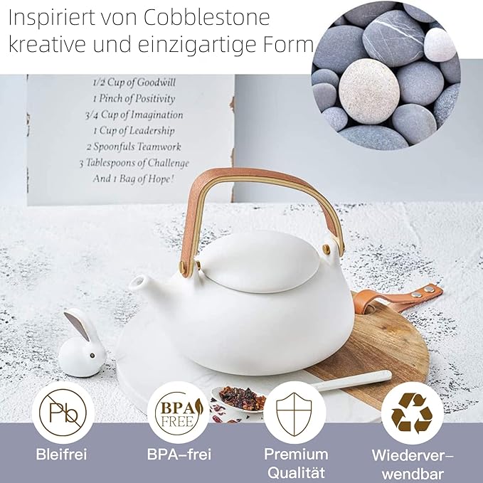ZENS Teapot with Infuser, Ceramic Japanese 2cup Teapot for Loose Leaf Tea, 800ml Small Matte White Porcelain Tea Pot Gift with Modern Bentwood Handle - Bloomnest