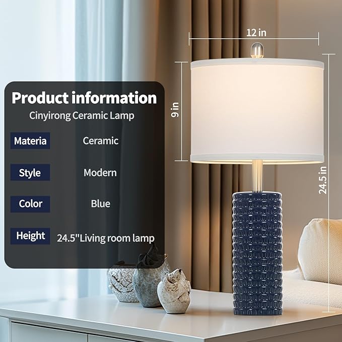 24.5" Modern Ceramic Table Lamp Set of 2 for Living Room Blue Desk Lamps for Bedroom Farmhouse Bedside Nightstand Bedside Lamp End Table Lamps Blue - Bloomnest