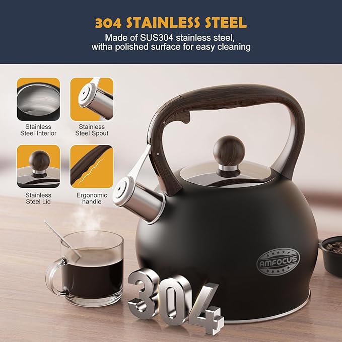 Tea Kettle Whistling Teapot for Stovetop : 2.64 Quart Food Grade Stainless Steel Tea Pot with Ergonomic Handle, Loud Whistle Camping Kettle for Tea, Coffee, Milk - Black - Bloomnest